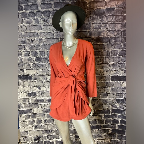 Rust Orange Long Sleeve Wrap Mini Dress - Picture 2 of 6